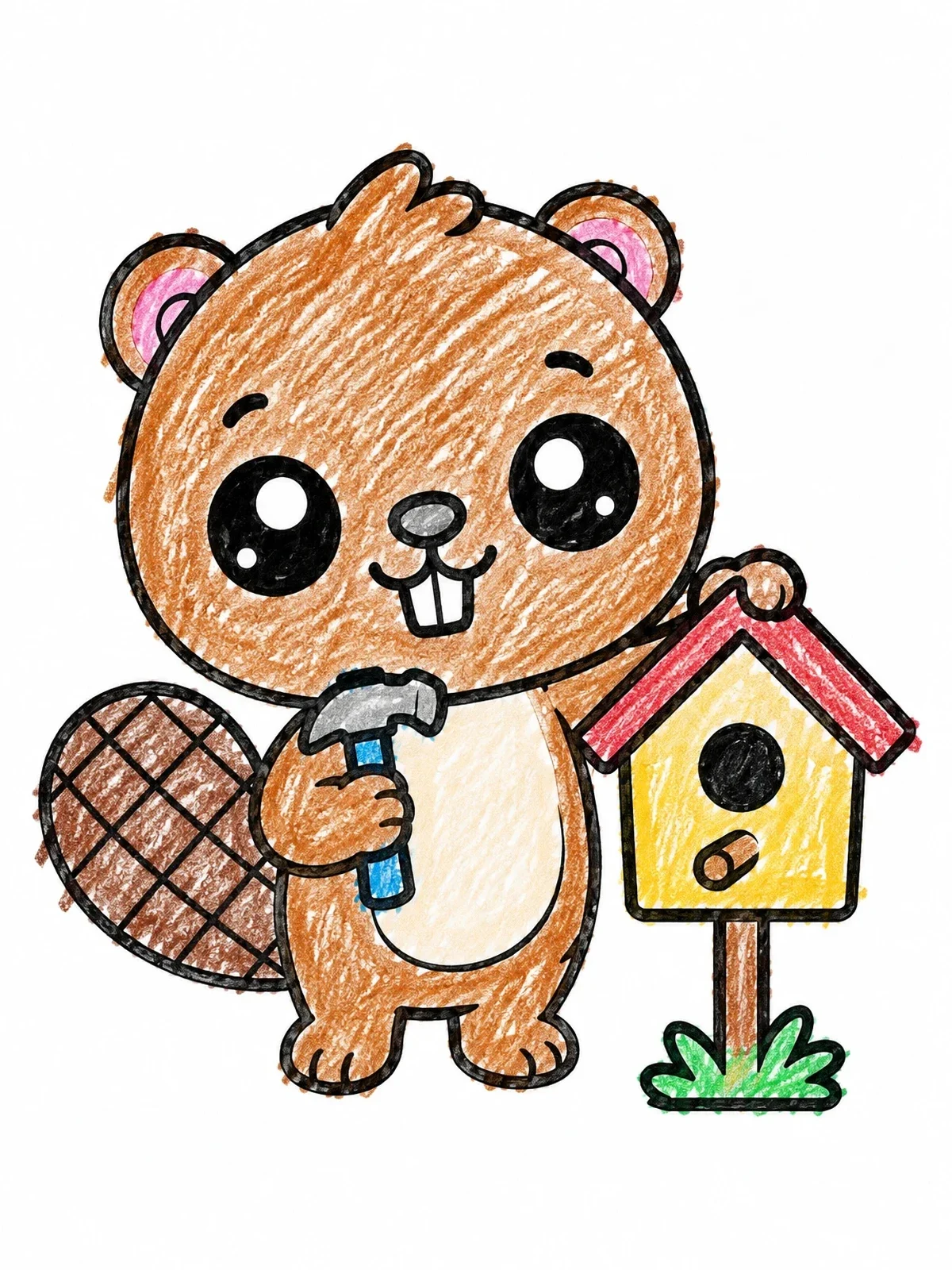 Colored example of the Cute Beaver With Birdhouse And Hammer coloring page