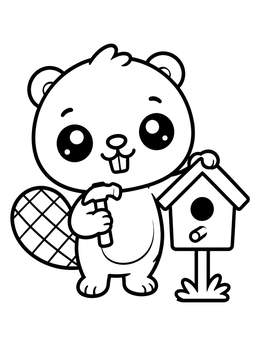 Free printable Cute Beaver With Birdhouse And Hammer coloring page