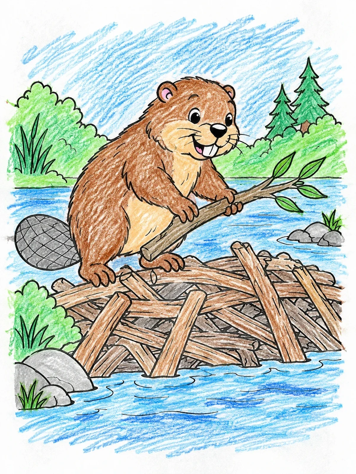 Colored example of the Cute Beaver Building Dam coloring page