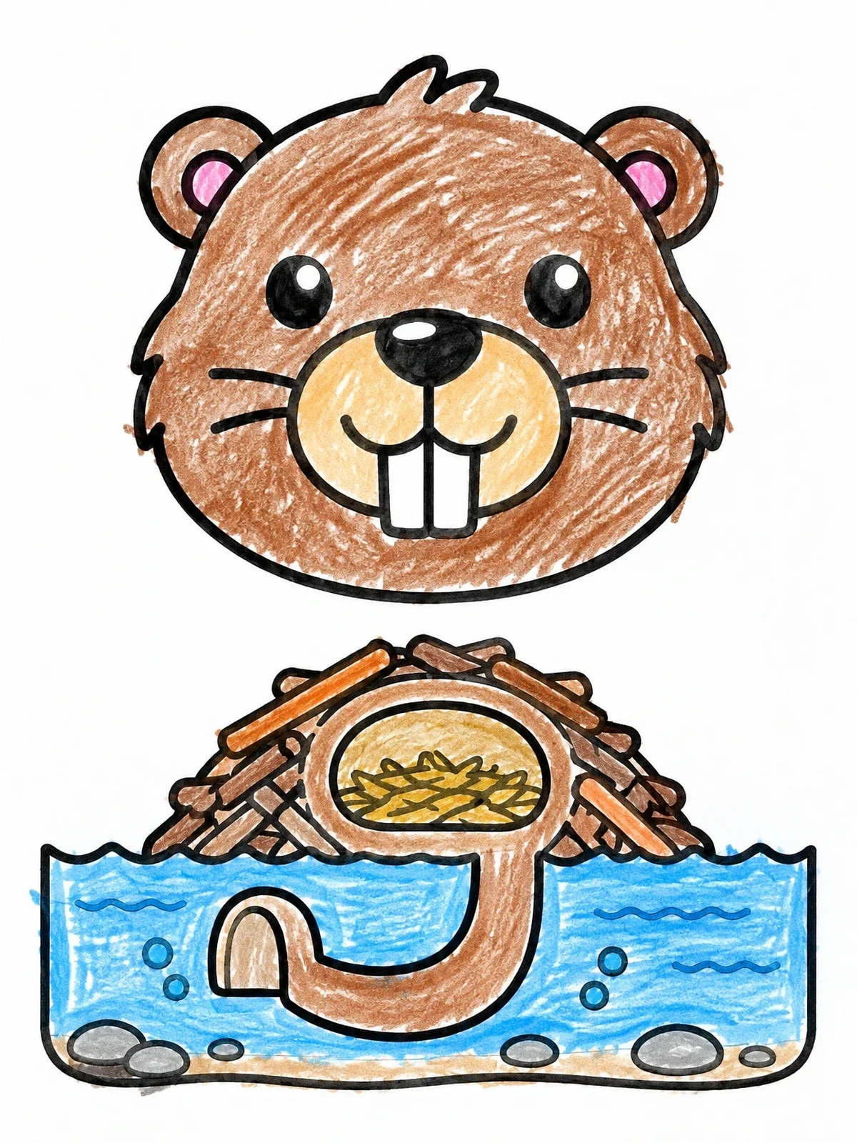 Colored example of the Beaver Face And Cozy Lodge coloring page