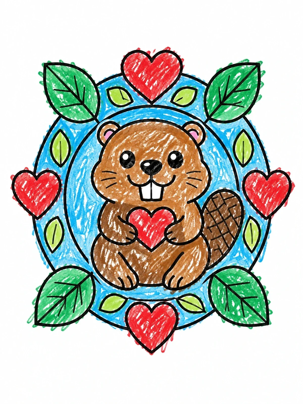 Colored example of the Cute Beaver With Hearts And Leaves coloring page
