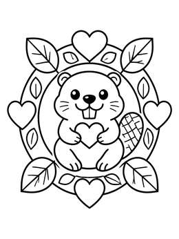 Free printable Cute Beaver With Hearts And Leaves coloring page