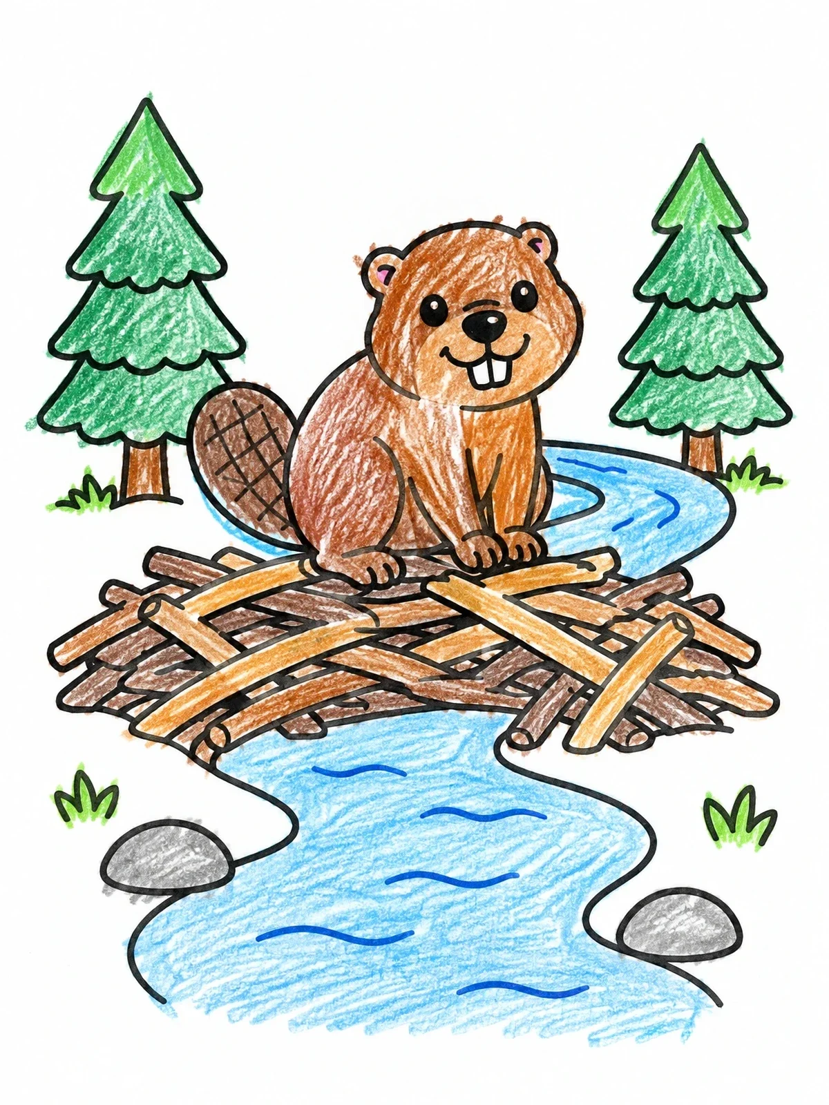 Colored example of the Cute Beaver On Wooden Dam coloring page