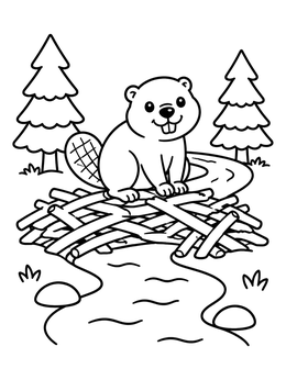 Free printable Cute Beaver On Wooden Dam coloring page