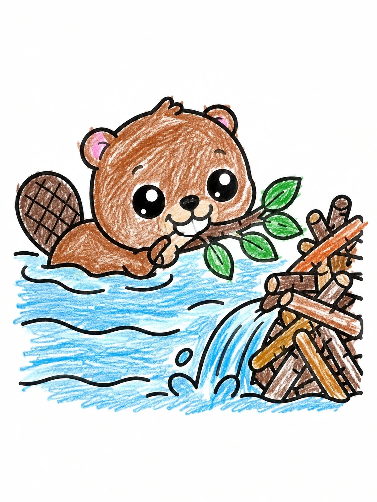 Colored example of the Cute Beaver Swimming With Branch coloring page