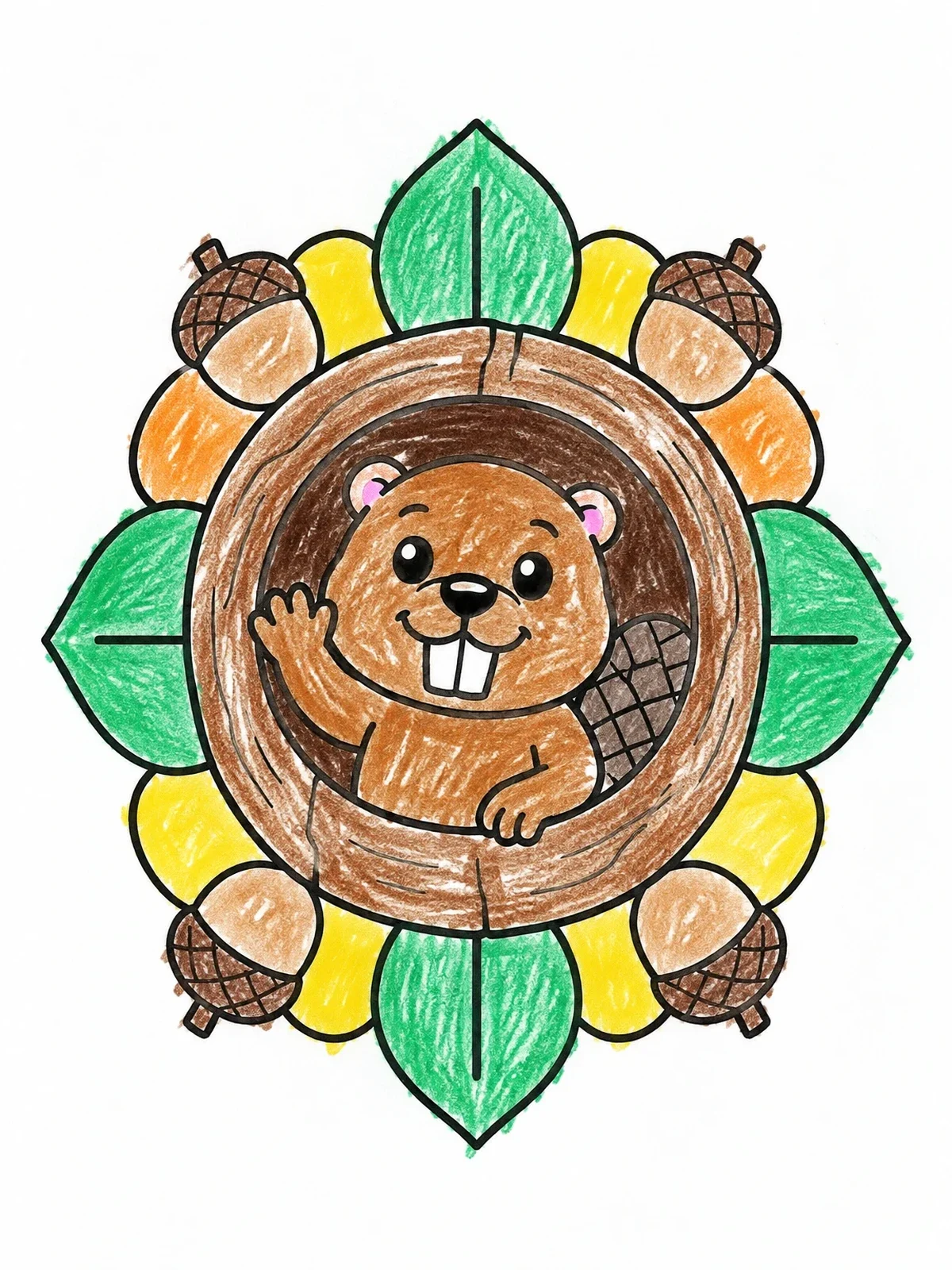 Colored example of the Cute Beaver Waving From Log coloring page