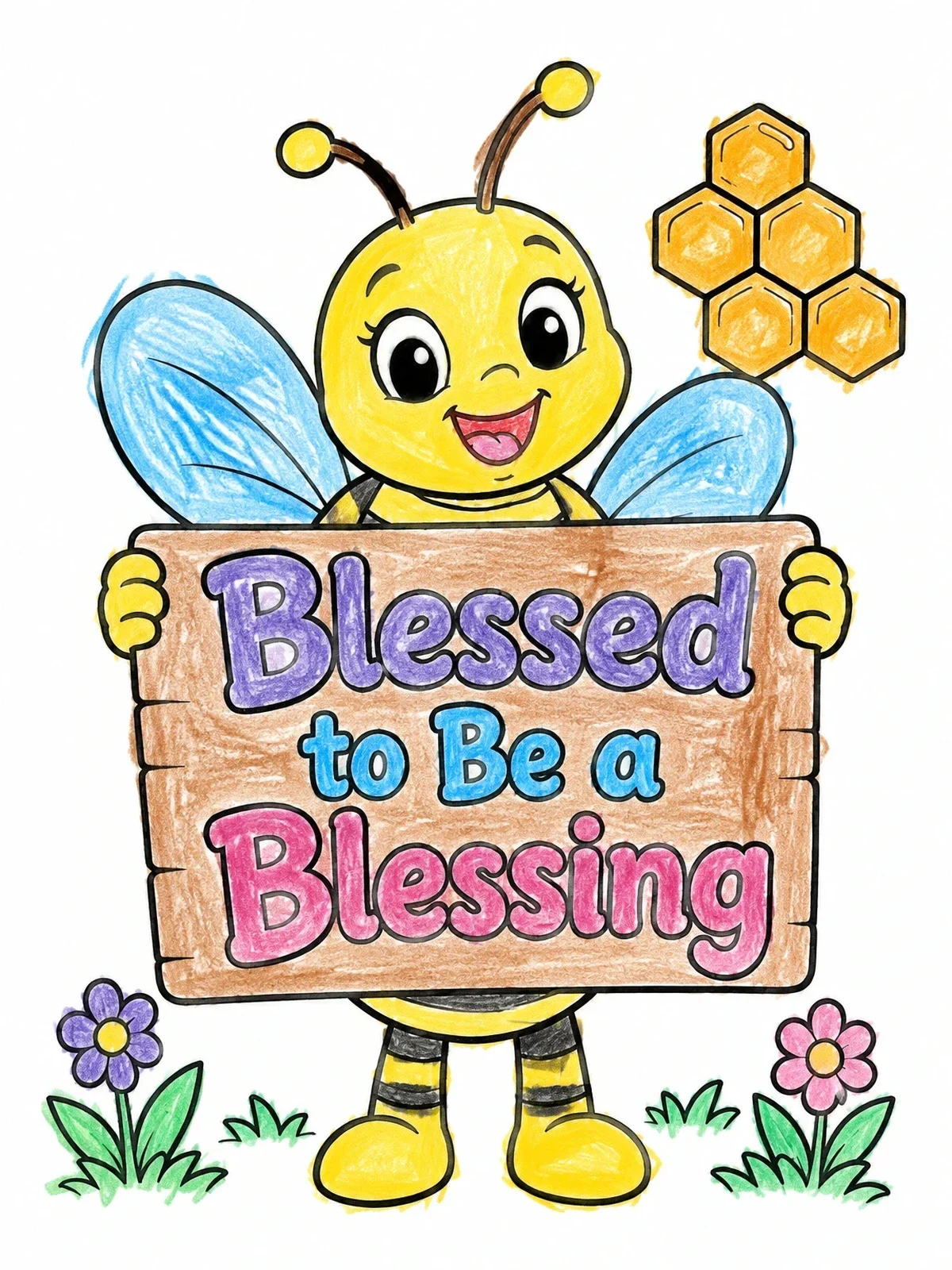 Colored example of the Cute Bee With Blessed Sign coloring page
