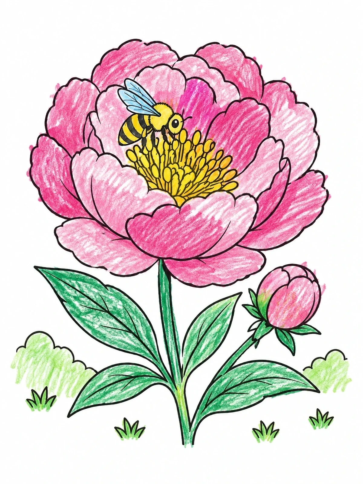 Colored example of the Cute Bee On Blooming Peony coloring page