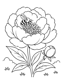 Free printable Cute Bee On Blooming Peony coloring page