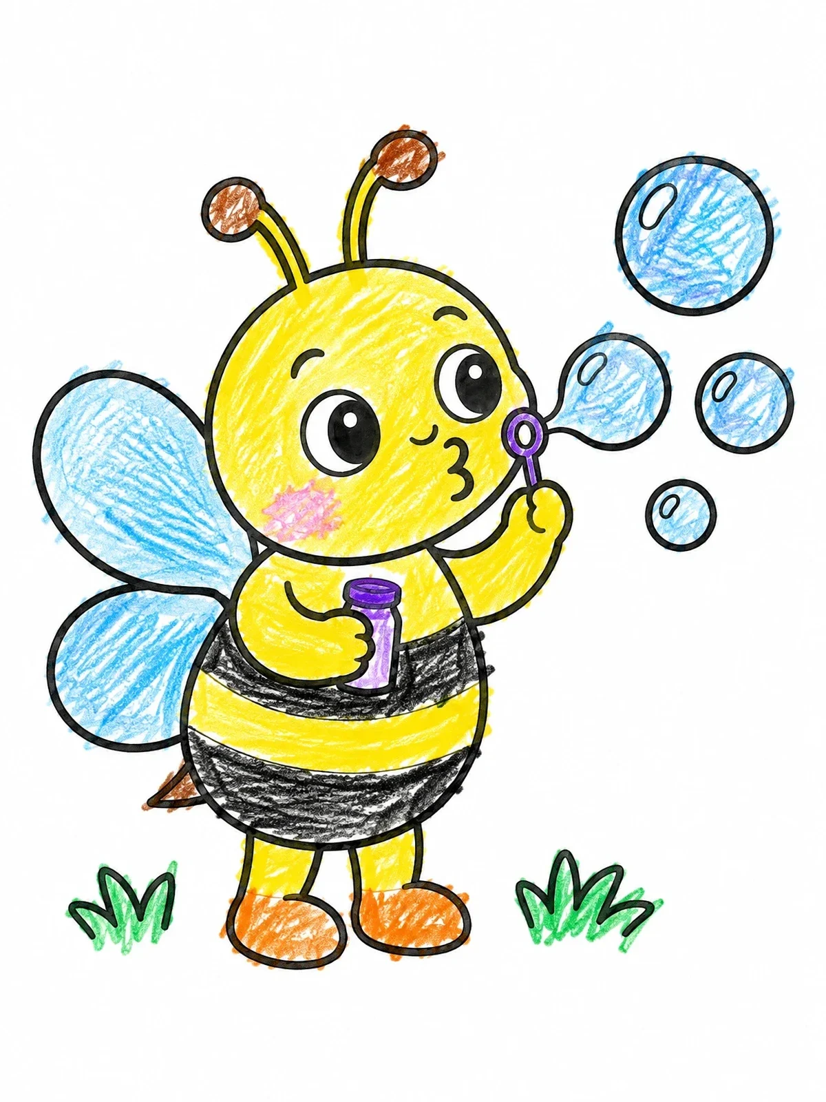 Colored example of the Cute Bee Blowing Soap Bubbles coloring page