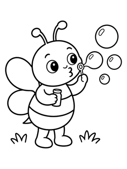 A cute bee coloring page featuring a cartoon bumblebee blowing soap bubbles with a wand.