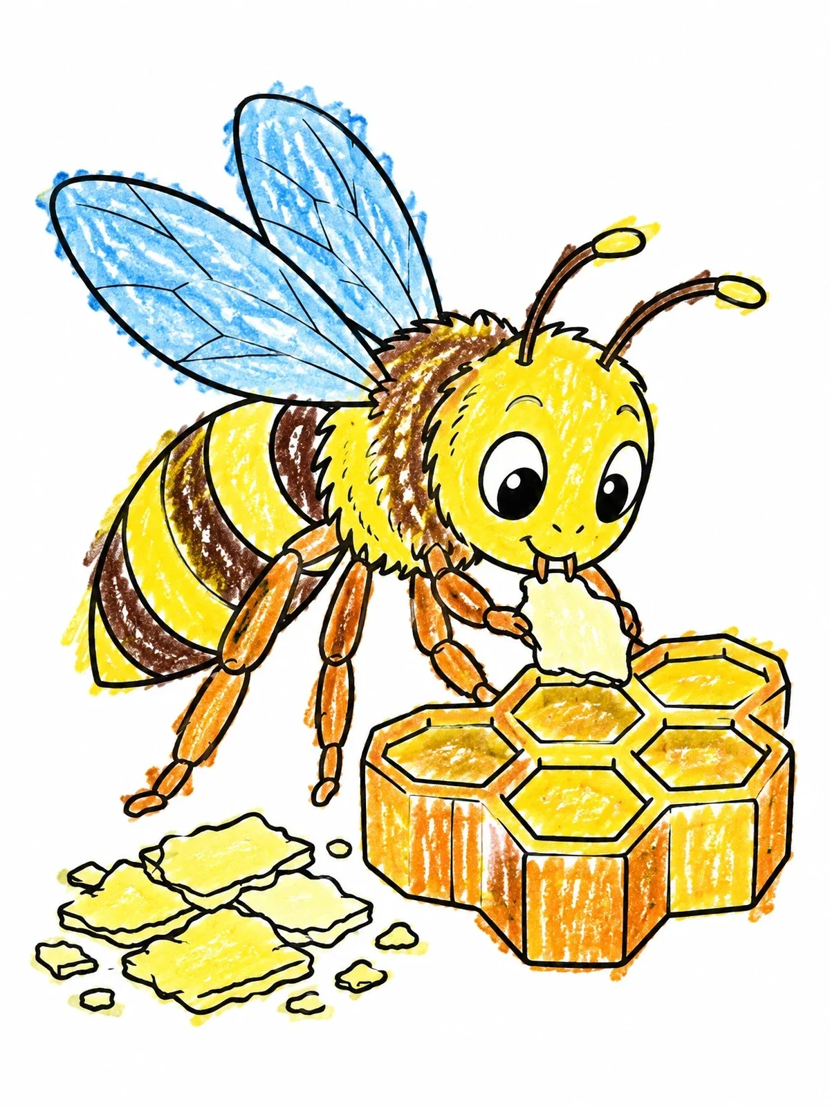 Colored example of the Cute Bee Building A Honeycomb coloring page