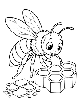 A cheerful cartoon bee coloring page showing it shaping honeycomb wax.