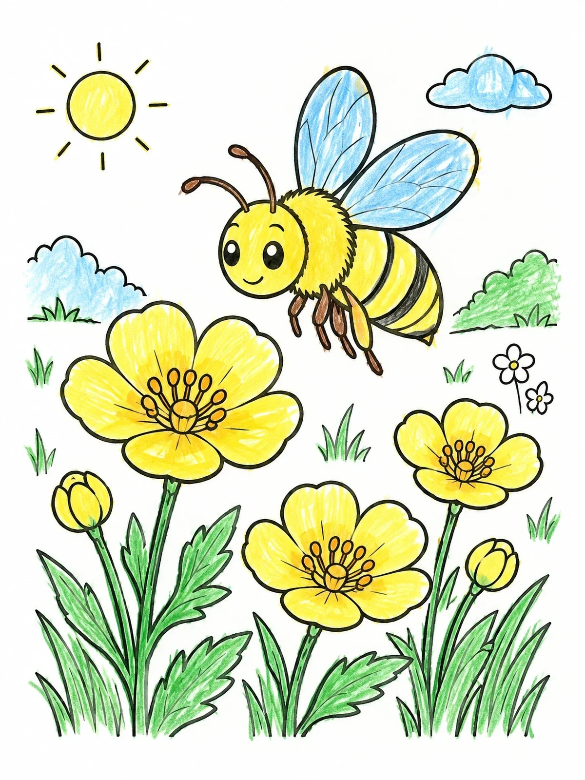 Colored example of the Cute Bee Flying Over Buttercup Flowers coloring page