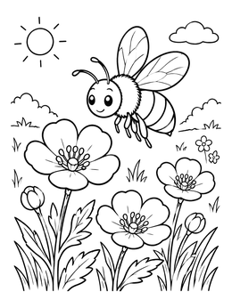 Free printable Cute Bee Flying Over Buttercup Flowers coloring page