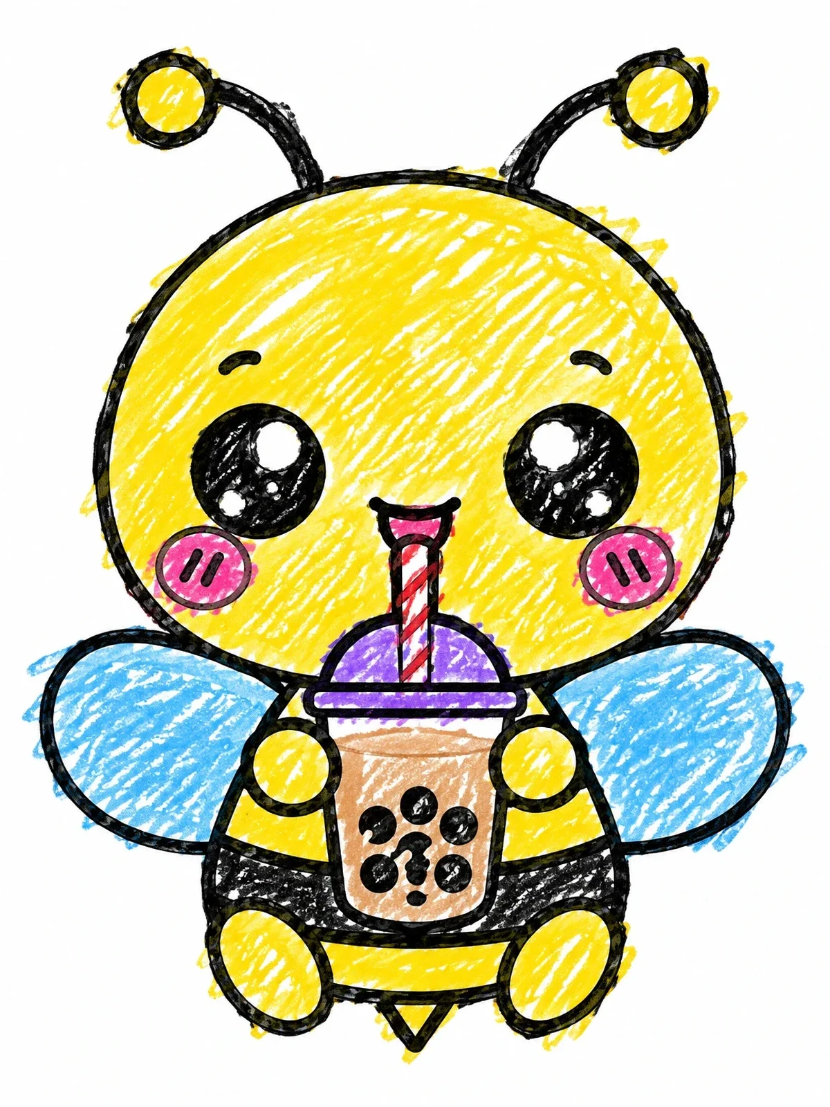 Colored example of the Cute Bee Drinking Bubble Tea coloring page