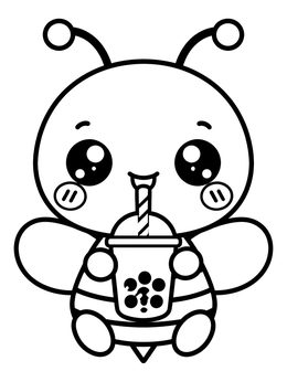 A cute bee coloring page featuring a smiling bee sipping bubble tea with a striped straw.