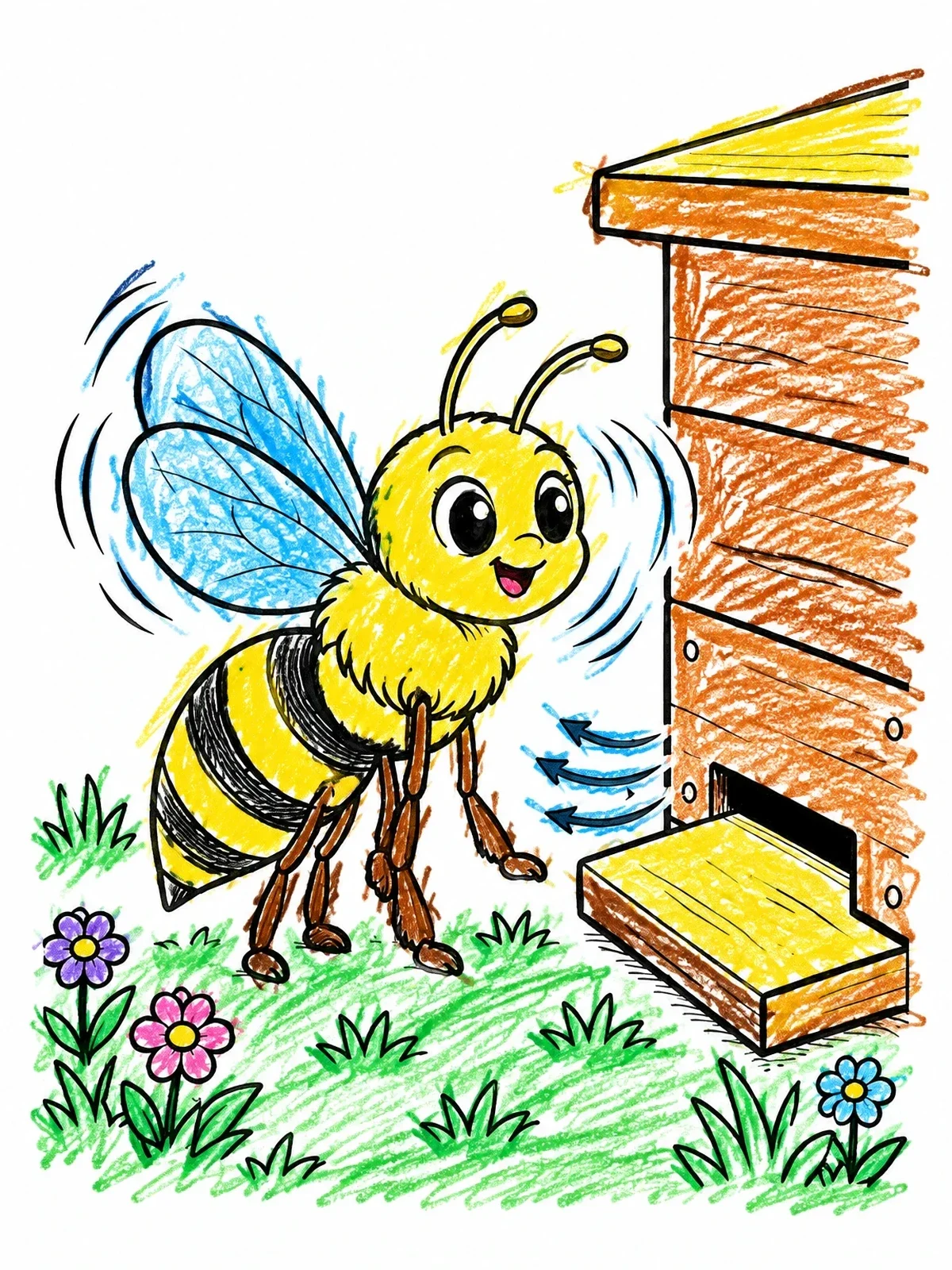 Colored example of the Cute Bee Fanning The Hive coloring page
