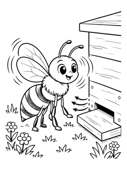 A cheerful cartoon bee coloring page showing the worker fanning fresh air into a wooden hive entrance.