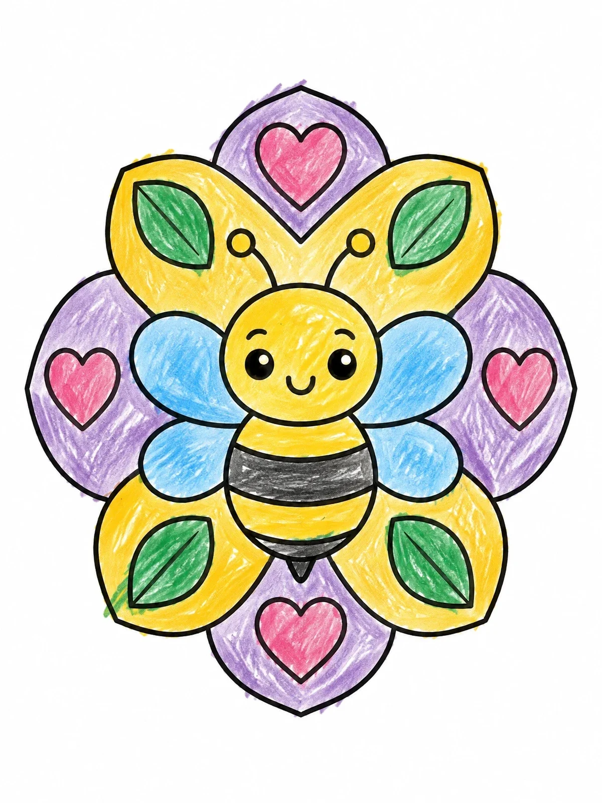 Colored example of the Cute Bee Flower Mandala coloring page