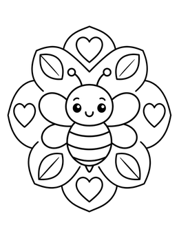 A simple bee coloring page featuring a smiling bee inside a heart and leaf mandala pattern.