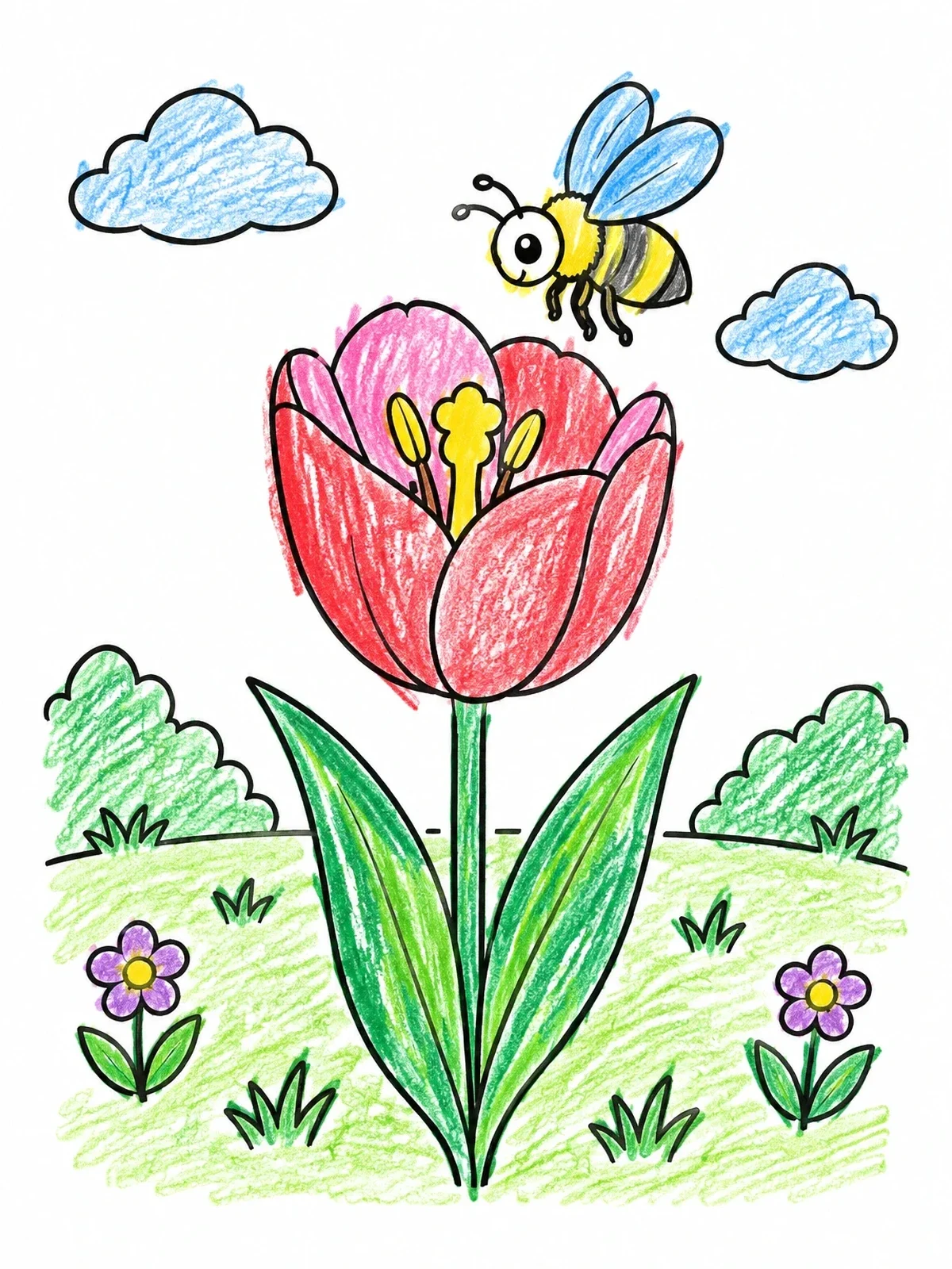 Colored example of the Cute Bee Flying Over Tulip coloring page