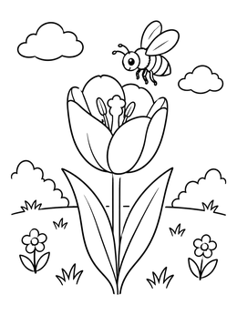 Free printable Cute Bee Flying Over Tulip coloring page