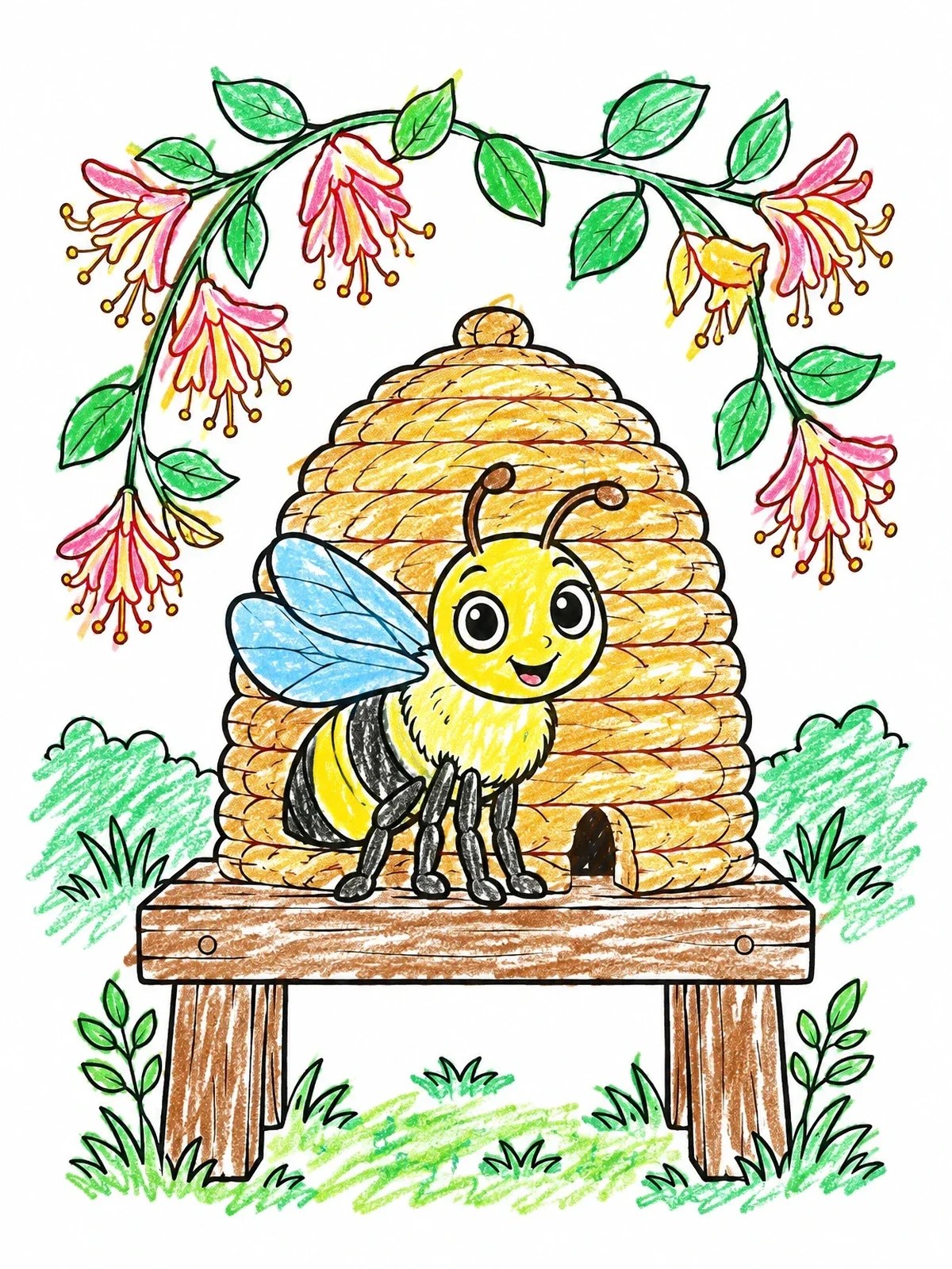 Colored example of the Cute Bee By The Garden Hive coloring page