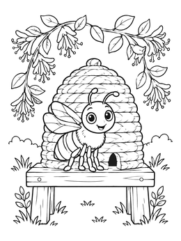 A cheerful cartoon bee coloring page sitting by a straw hive under honeysuckle vines.