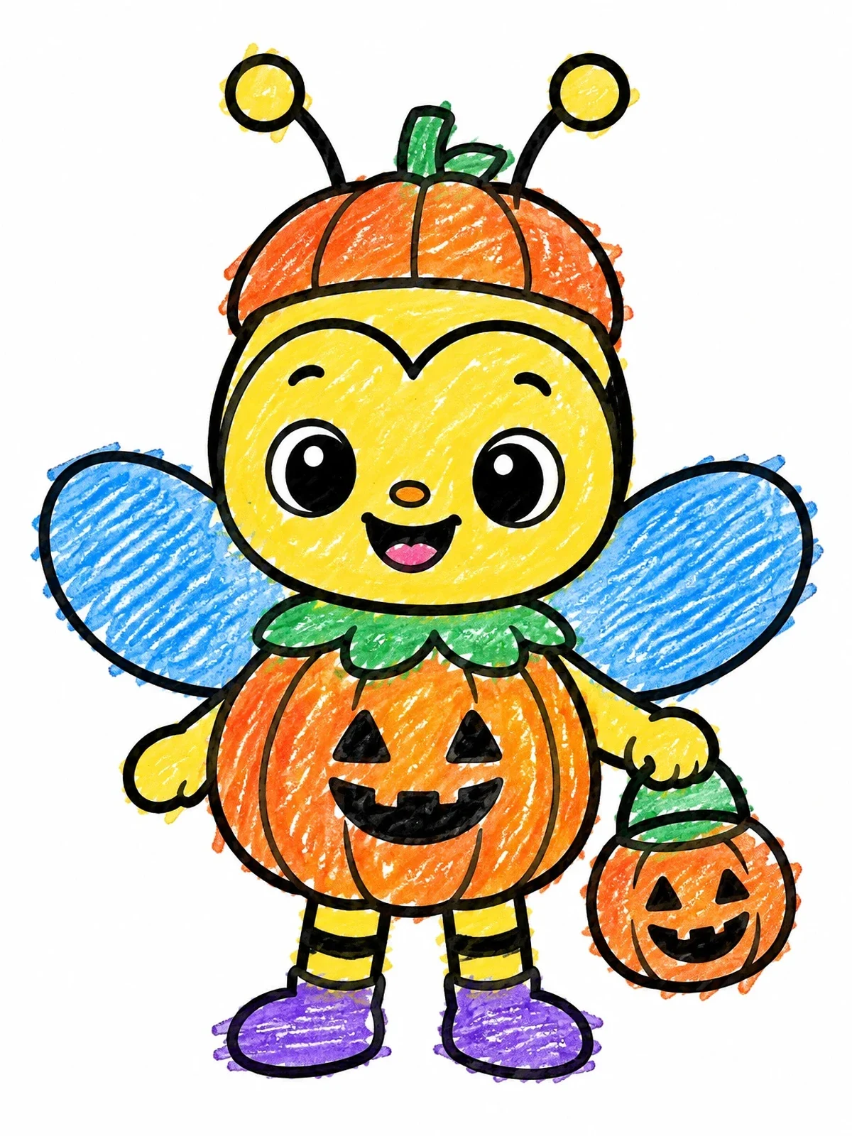 Colored example of the Cute Bee In Pumpkin Costume coloring page