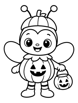 A cheerful bee coloring page featuring a pumpkin costume and candy bucket.