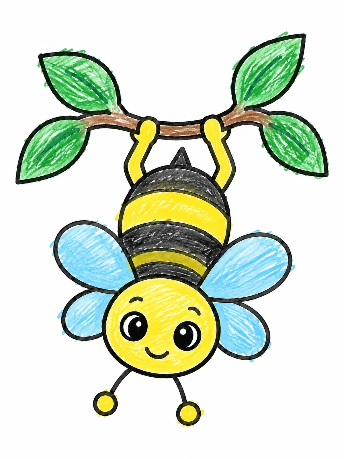Colored example of the Cute Bee Hanging Upside Down coloring page