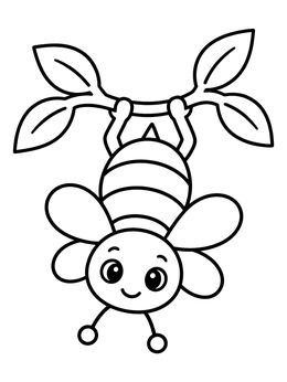 A cheerful bee coloring page showing a cartoon bee hanging upside down from a leafy branch.