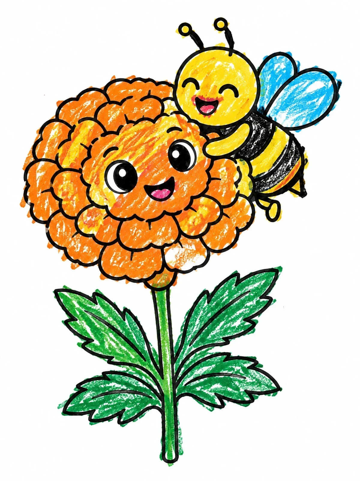 Colored example of the Cute Bee Hugging Marigold Bloom coloring page