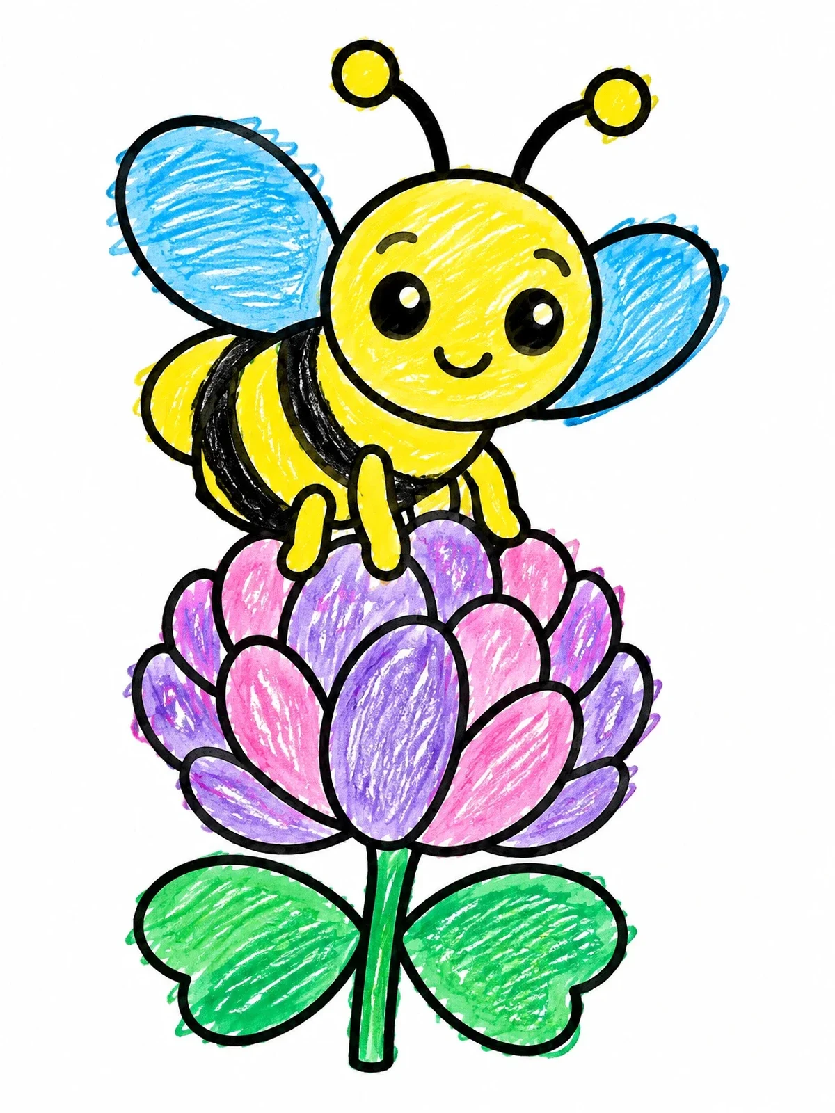 Colored example of the Cute Bee On Clover Flower coloring page