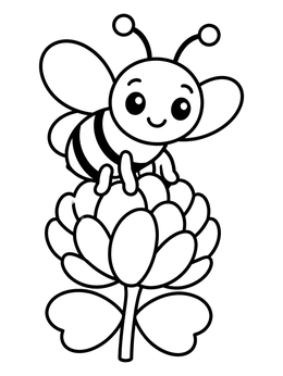 A friendly bee coloring page sitting on a rounded clover blossom with bold lines.