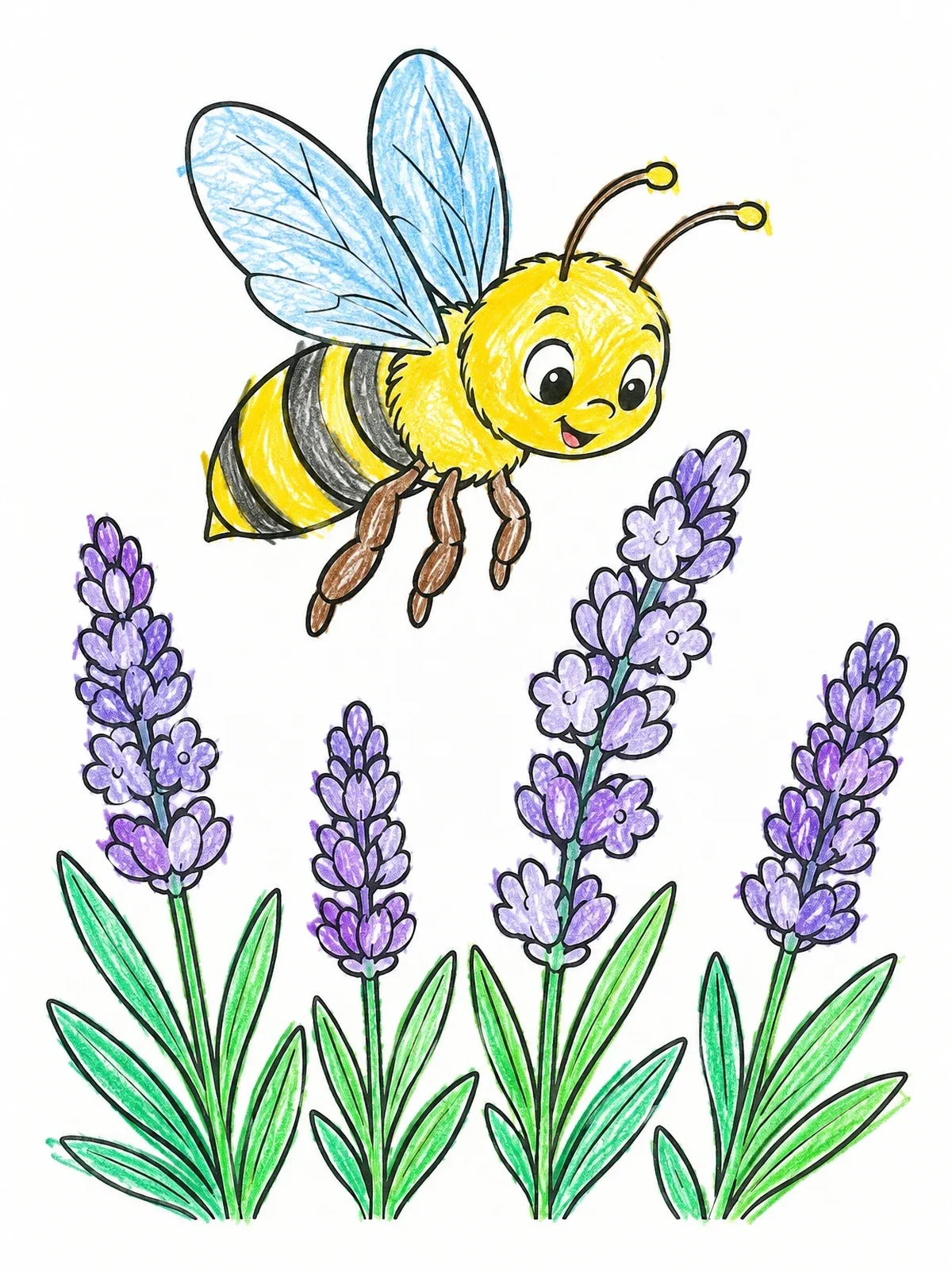 Colored example of the Cute Bee Over Blooming Lavender coloring page