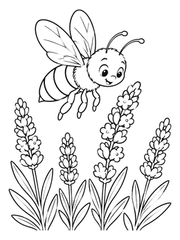 A cheerful cartoon bee flies near lavender flowers in this bee coloring page.