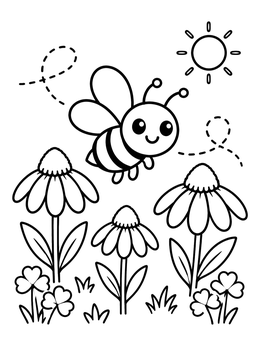 Free printable Cute Bee Flying Over Coneflowers coloring page