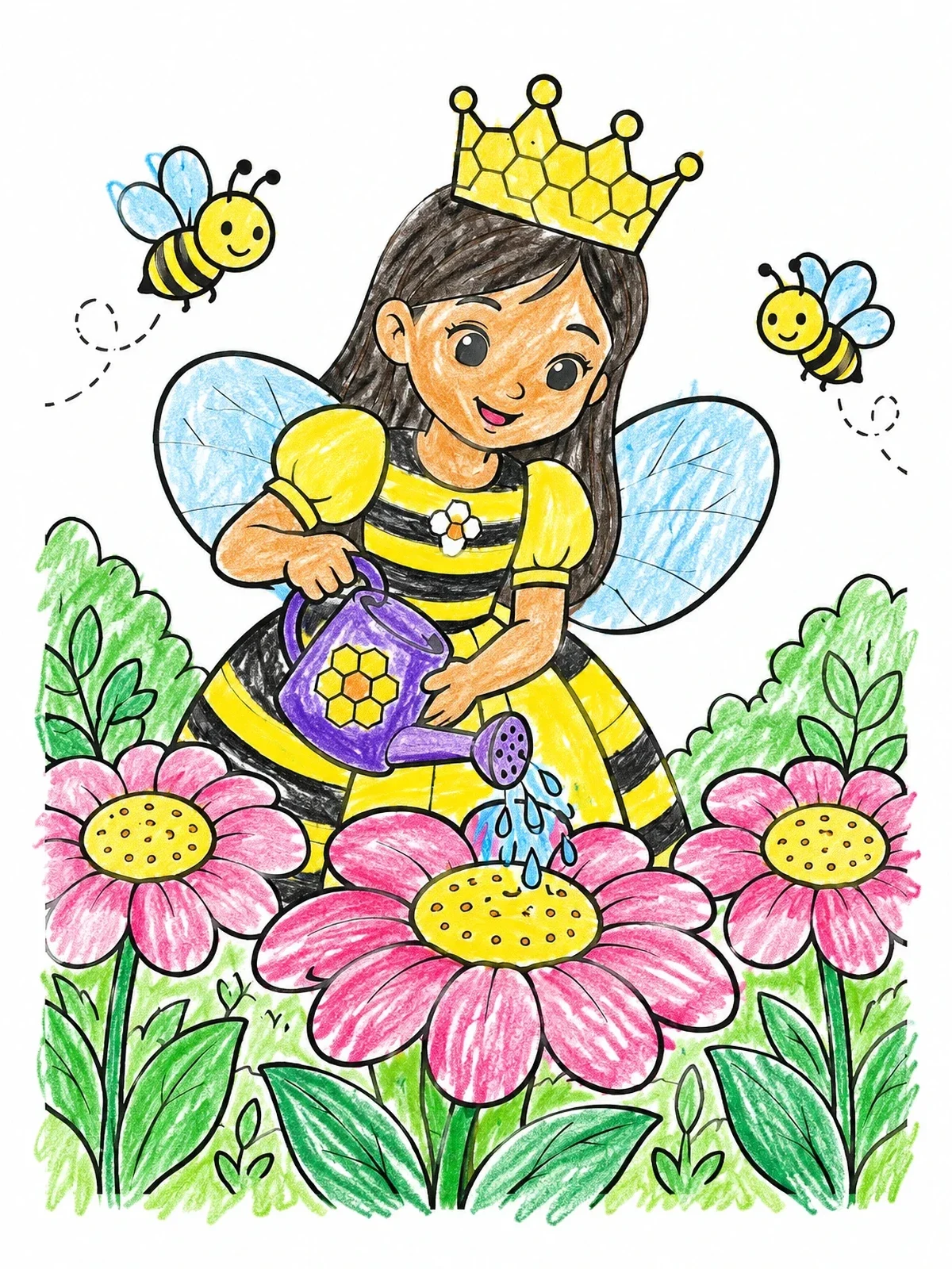 Colored example of the Cute Bee Queen In The Garden coloring page