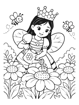 Free printable Cute Bee Queen In The Garden coloring page