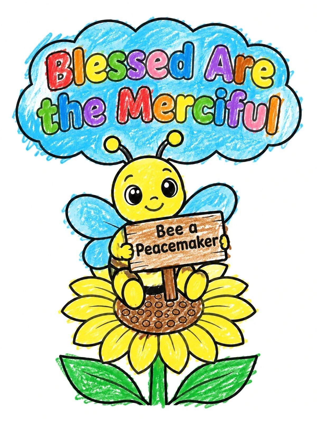 Colored example of the Cute Bee On A Flower With Peacemaker Sign coloring page