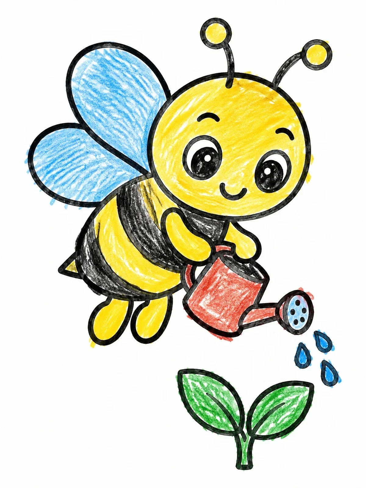 Colored example of the Cute Bee Watering A Plant coloring page