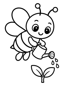 A cute bee coloring page showing a little bumblebee watering a small sprout.