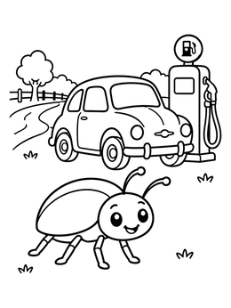 Free printable Cute Beetle Bug And Vintage Car coloring page