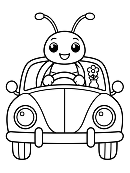 A friendly beetle coloring page showing a cartoon bug driving a vintage car with a dashboard flower.