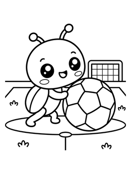 A beetle coloring page showing a friendly insect rolling a big soccer ball toward the goal.
