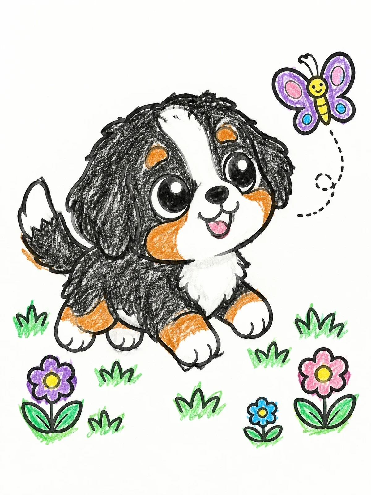Colored example of the Playful Bernese Mountain Dog Puppy And Butterfly coloring page
