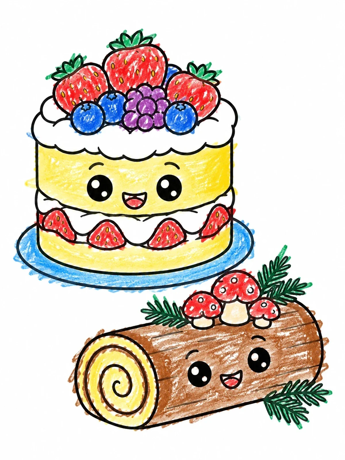 Colored example of the Cute Berry Cake And Yule Log coloring page