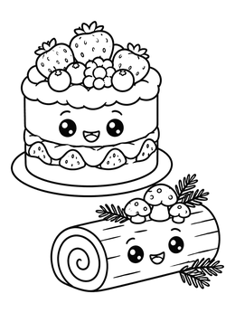 Cute berry cake and yule log with cheerful faces in a cake coloring page.